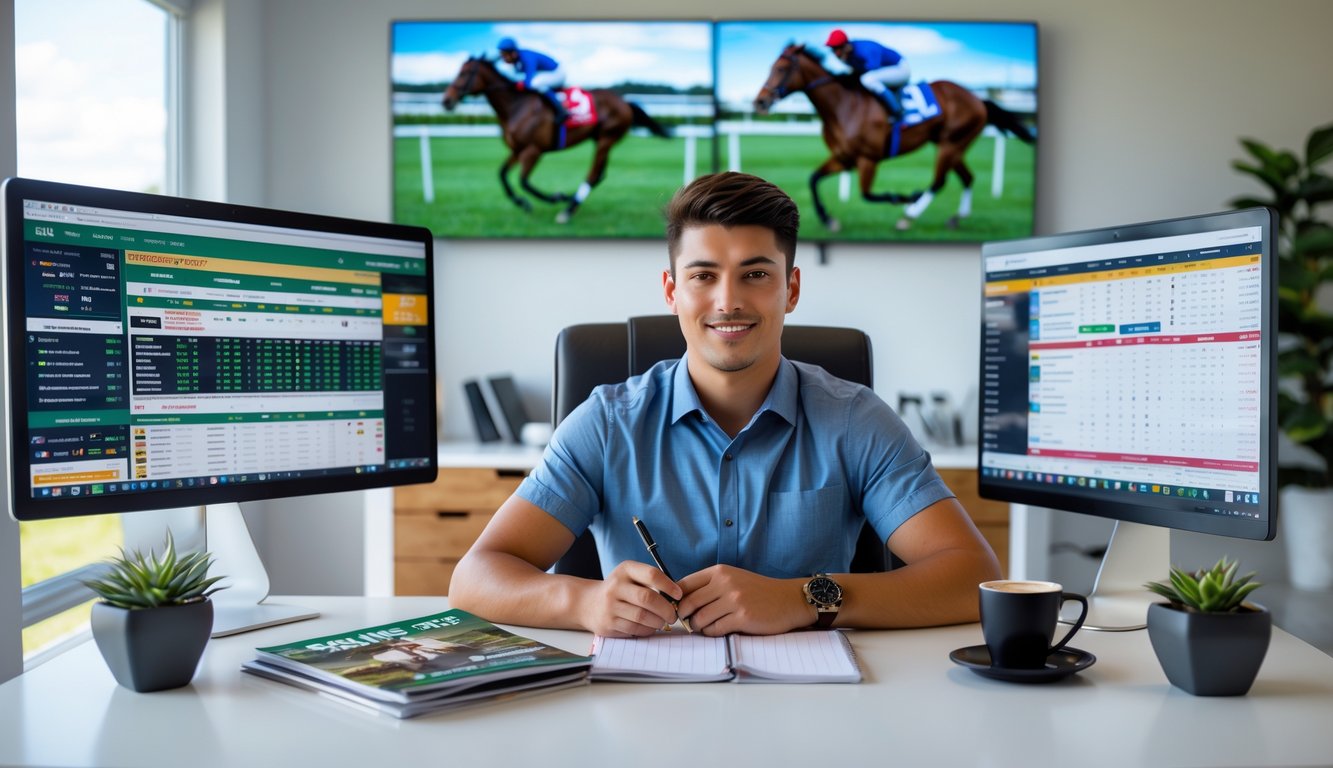 Seorang pria muda fokus duduk di meja dengan beberapa layar komputer menampilkan data dan peluang taruhan pacuan kuda, di ruang kerja rumah yang terang.