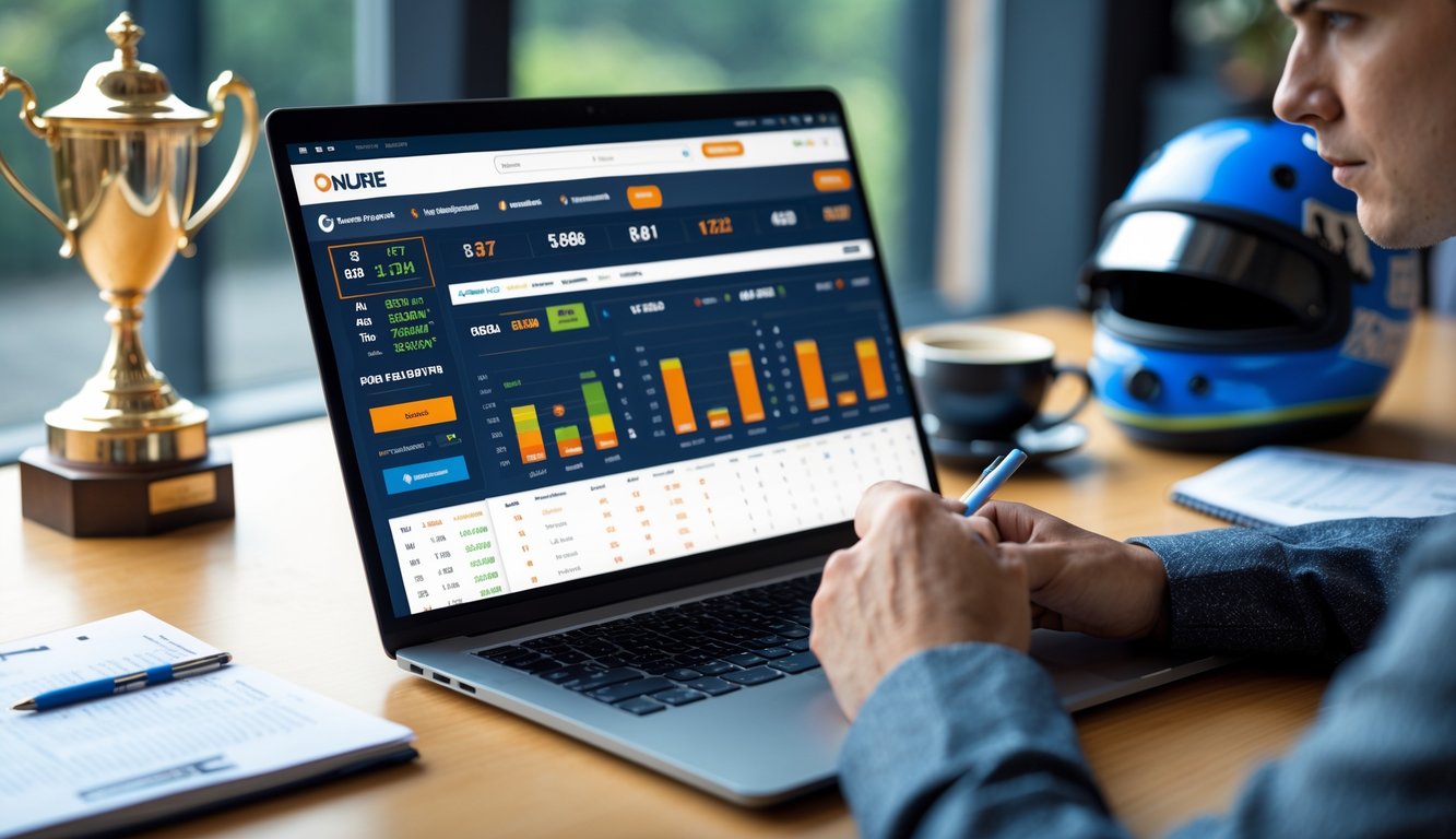 Seseorang sedang menggunakan laptop untuk memasang taruhan pacuan kuda online dengan catatan strategi di meja kerja.