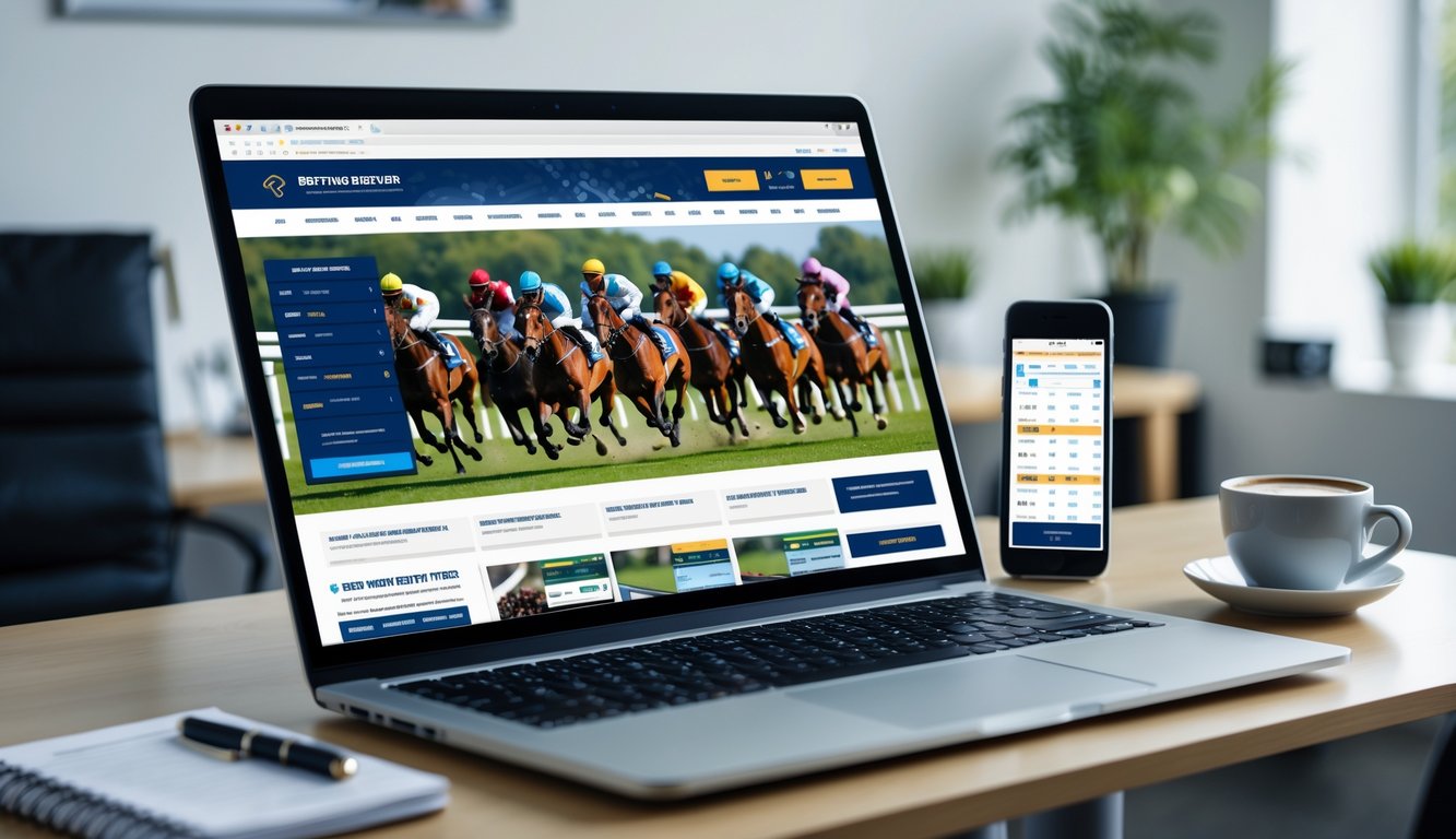 Seseorang menggunakan komputer di meja kerja dengan tampilan situs pacuan kuda online yang menampilkan balapan kuda.