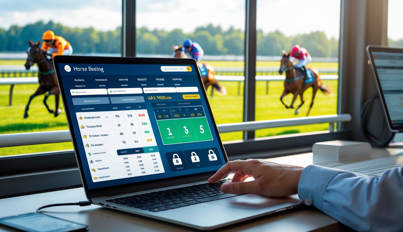 Seorang pria menggunakan laptop di meja kerja dengan latar belakang arena pacuan kuda yang sedang berlangsung.