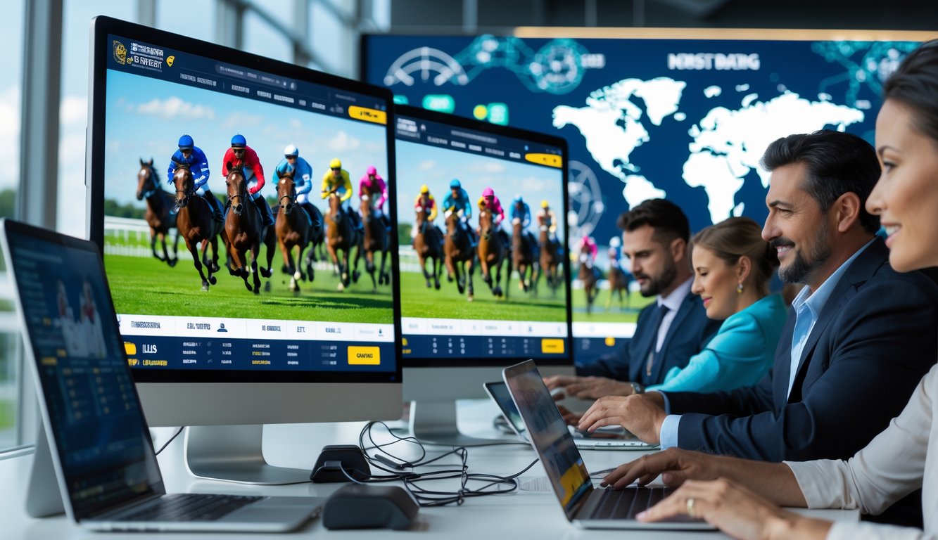 Orang-orang sedang menggunakan komputer dan ponsel untuk bertaruh pada pacuan kuda secara online dengan tampilan balapan kuda di layar.