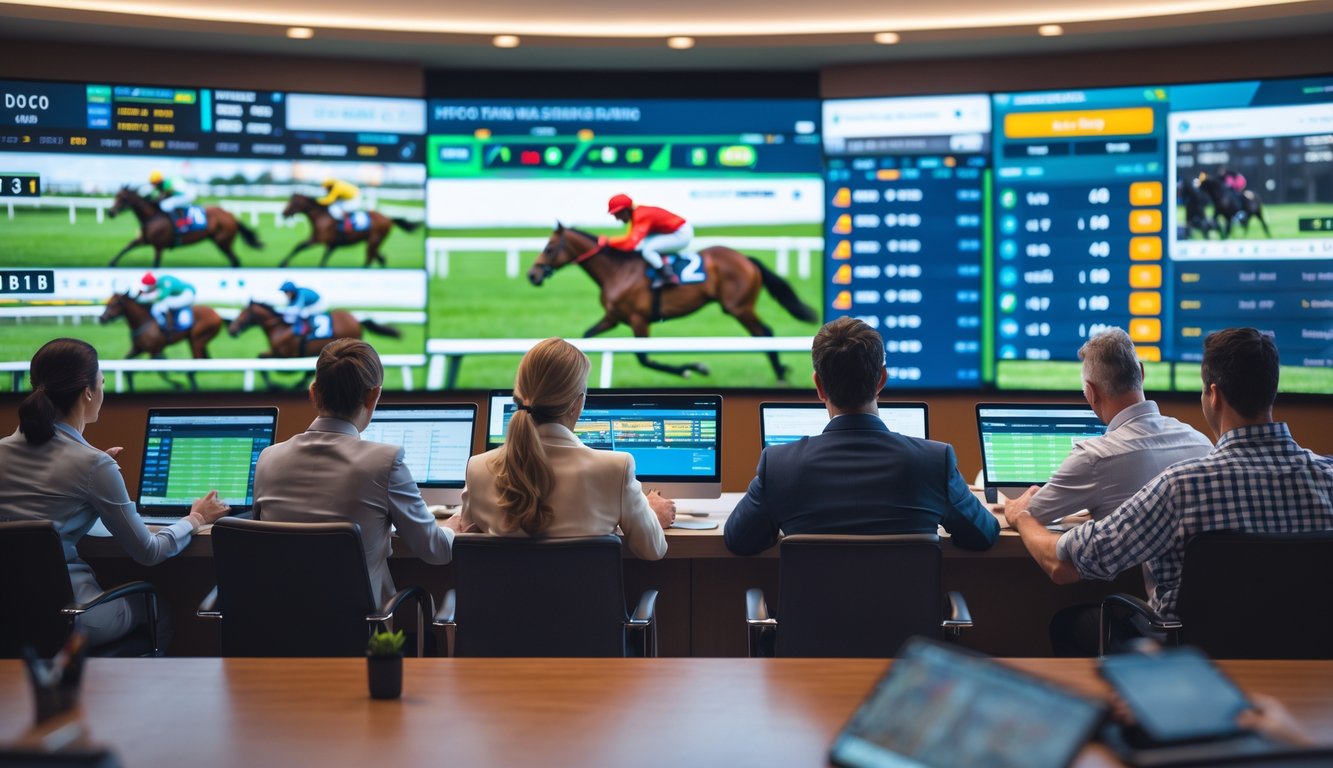 Sekelompok orang menonton balapan kuda secara langsung dan menggunakan perangkat digital untuk memasang taruhan online.