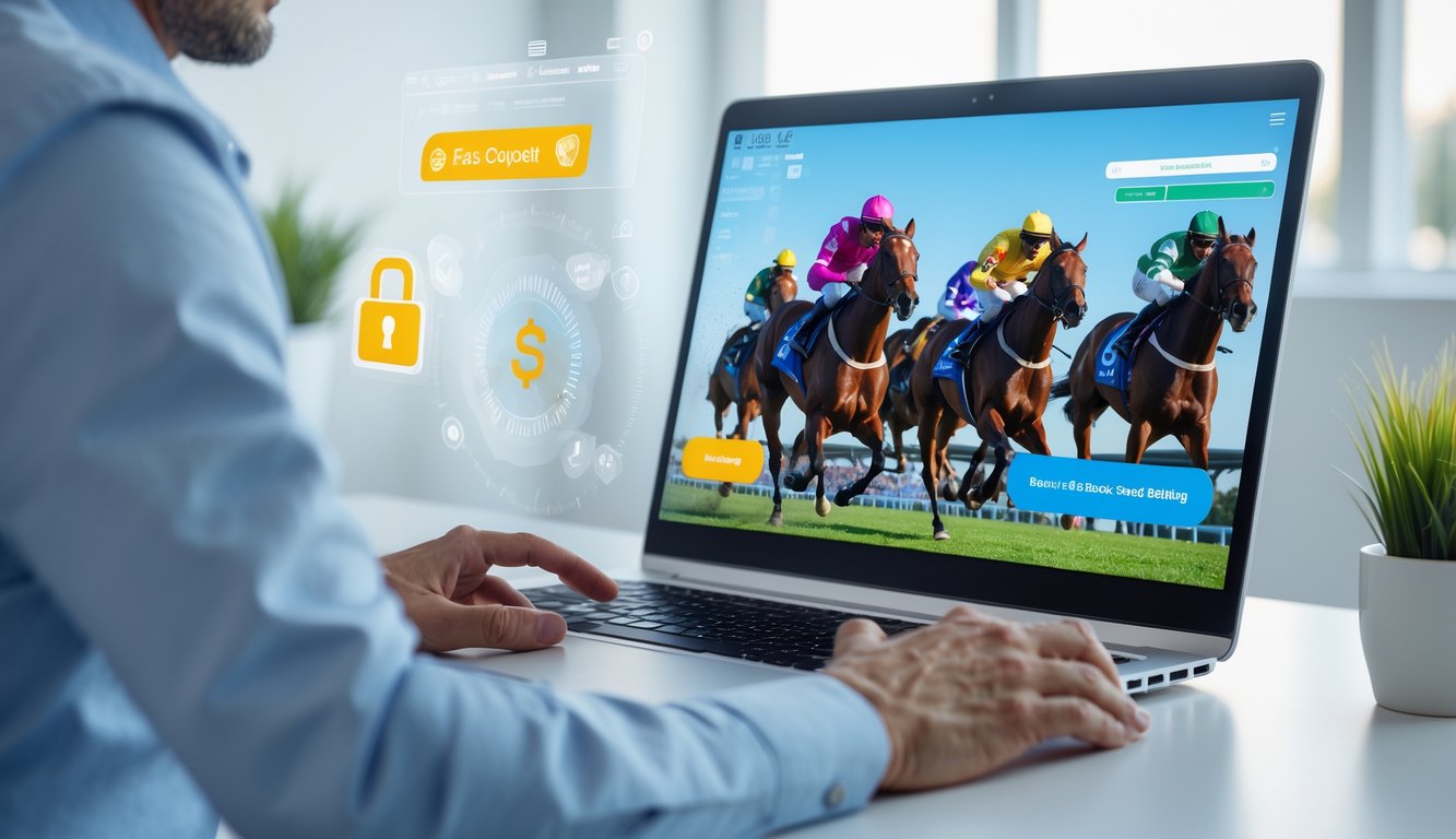 Seorang pengguna sedang melihat layar komputer yang menampilkan balapan kuda dengan beberapa kuda pacu berlari di lintasan, di ruang kerja yang rapi dan terang.