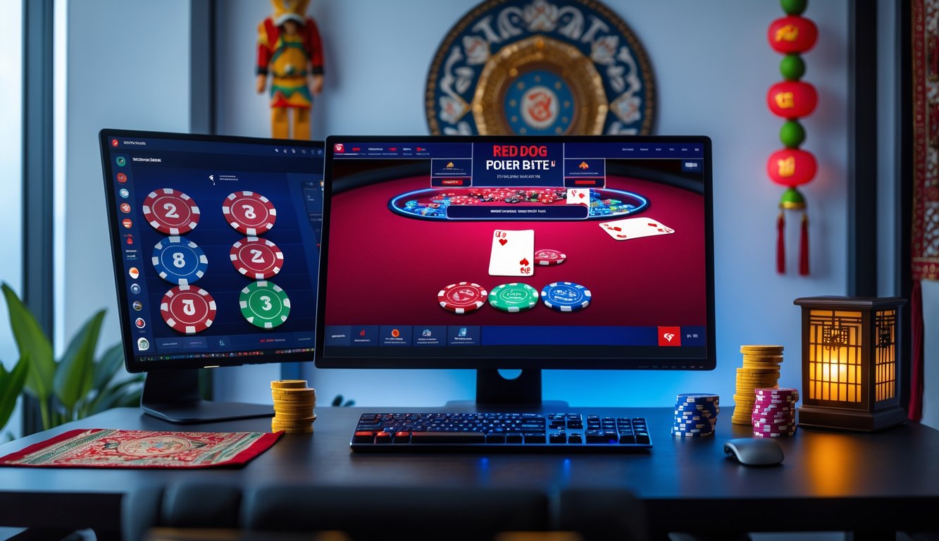 Ruang bermain poker online dengan komputer menampilkan meja poker digital dan chip, dihiasi dengan elemen budaya Indonesia.