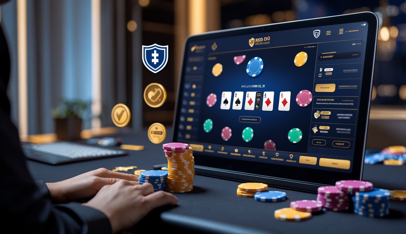 Suasana permainan poker online dengan perangkat digital menampilkan kartu dan chip poker berwarna-warni di lingkungan modern yang mewakili situs Red Dog Poker resmi di Indonesia.