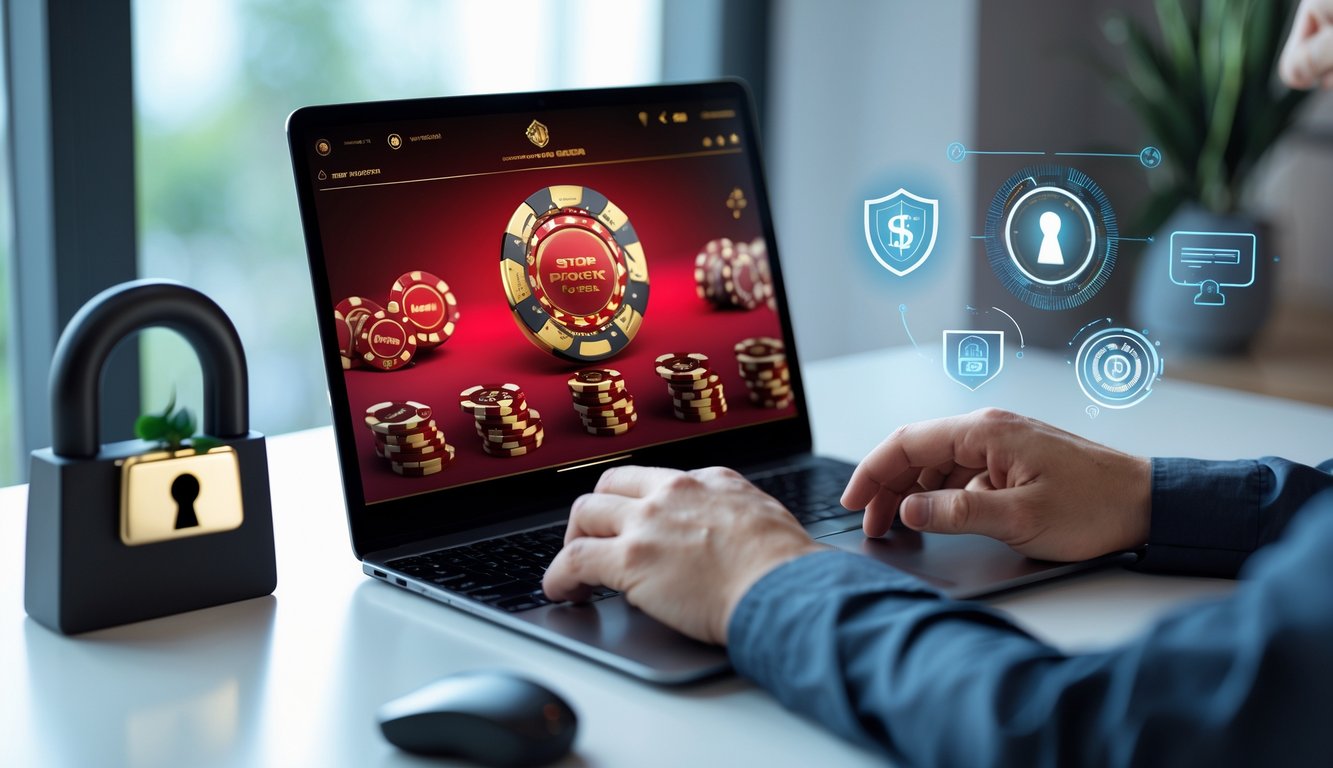 Seorang pemain menggunakan komputer dengan tampilan permainan poker online yang aman dan terpercaya.