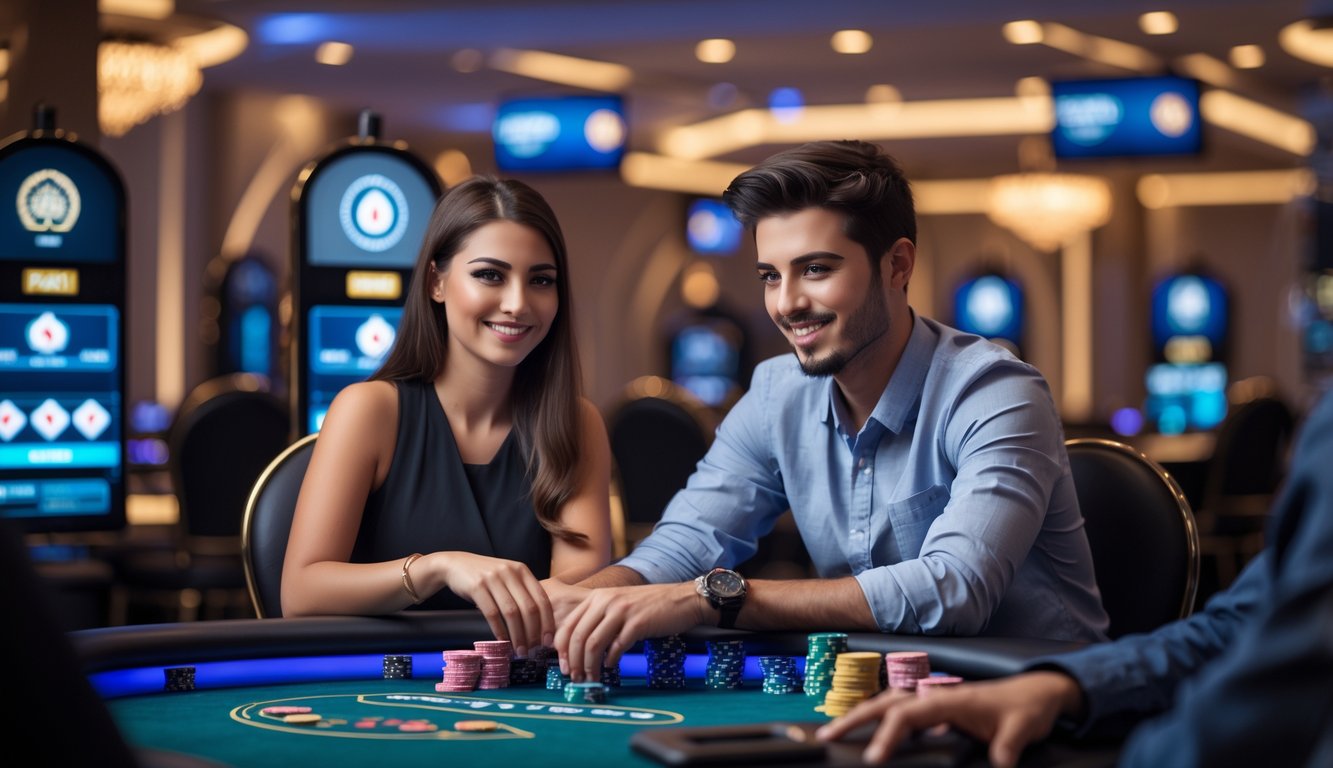 Seorang pria dan wanita muda duduk di meja poker modern, bermain dan tersenyum di lingkungan kasino online yang terang dan elegan.