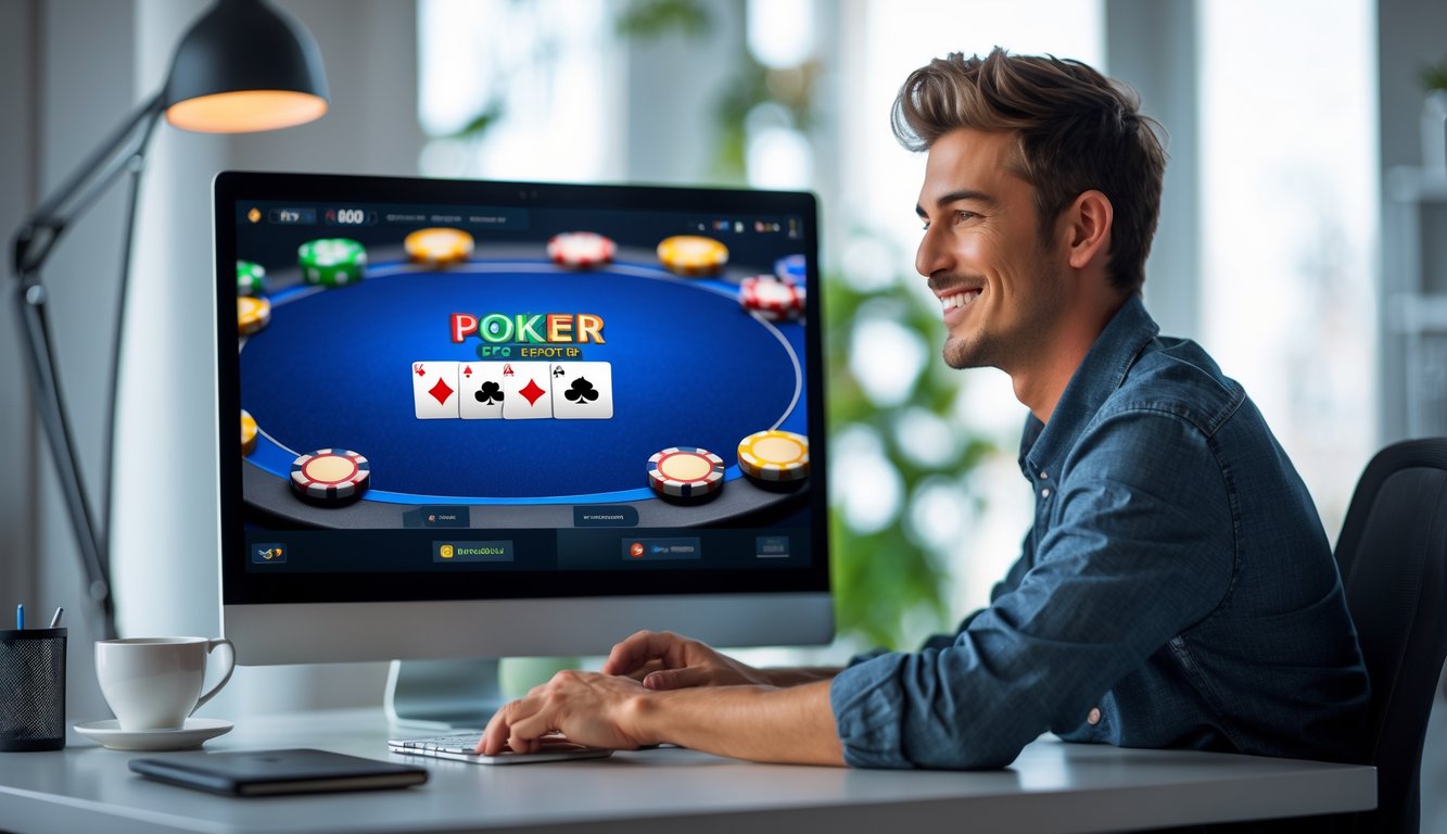 Seorang pria muda duduk di meja dengan komputer yang menampilkan permainan poker online, terlihat fokus dan menikmati permainan di ruangan yang terang dan rapi.
