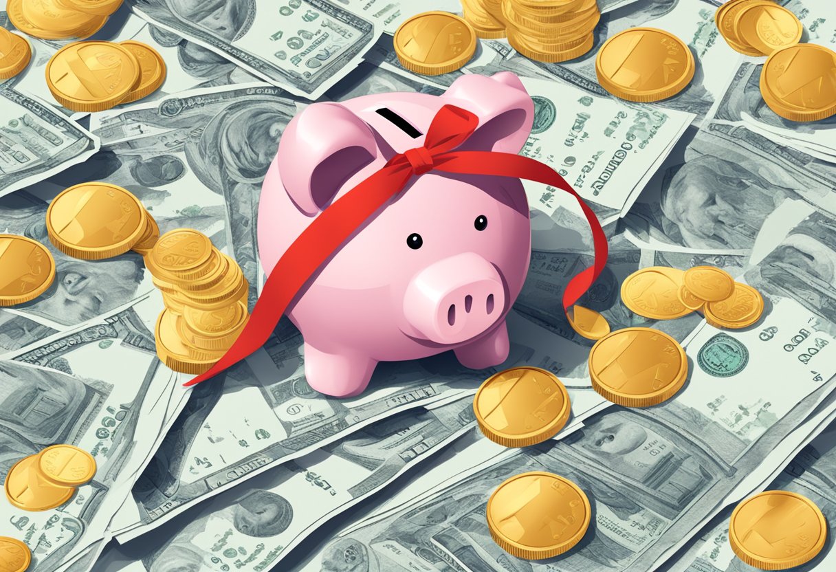 Hey, digital illustration of a small pink piggy bank with currency and gold coins as a background