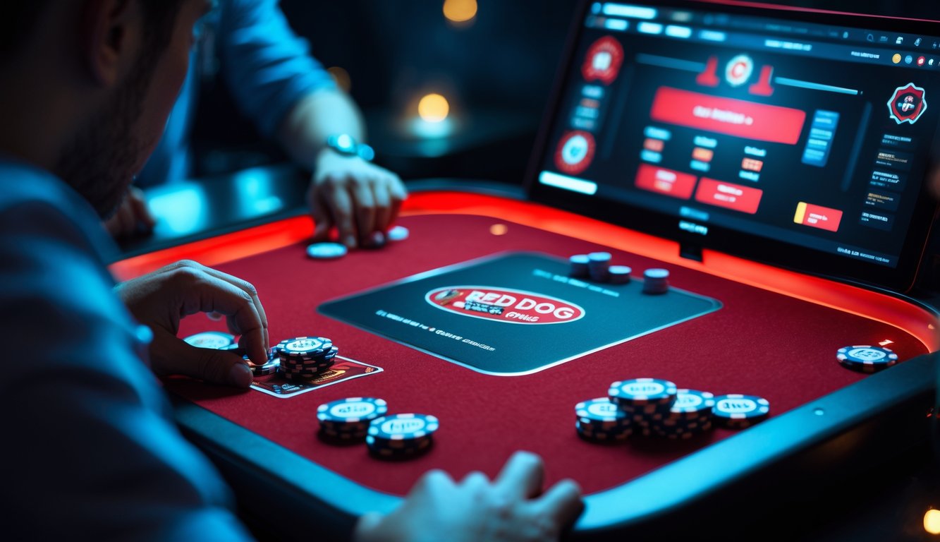 Sebuah meja poker digital berwarna merah dan hitam terlihat di layar komputer dengan chip dan kartu poker, di ruangan dengan pencahayaan redup.