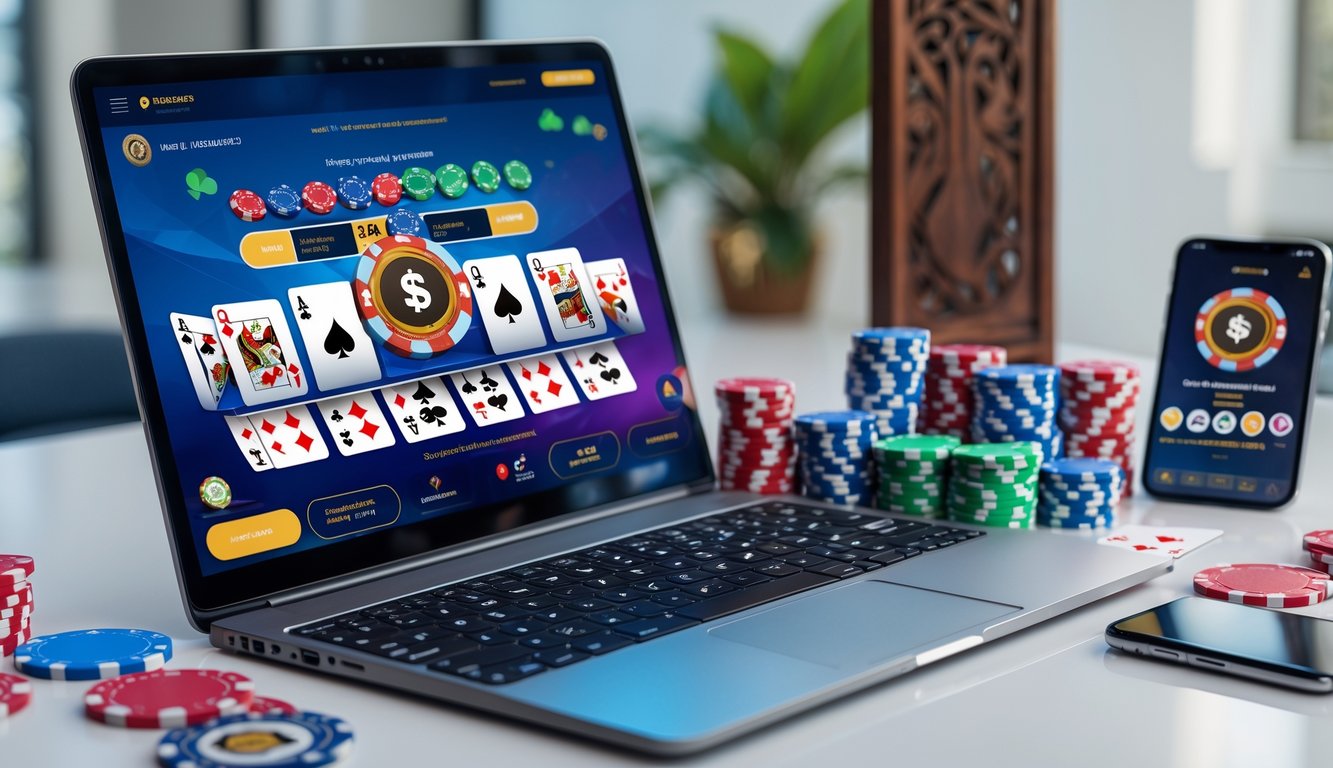 Sebuah meja dengan komputer yang menampilkan permainan poker online, dikelilingi chip poker dan kartu remi, dengan hiasan tradisional kecil di latar belakang.
