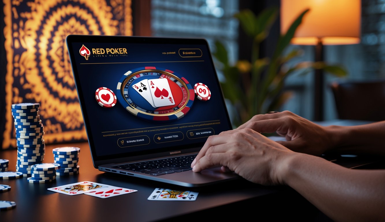 Seorang pemain sedang bermain poker online di laptop dengan kartu dan chip poker di meja, latar belakang menampilkan pola batik yang samar.