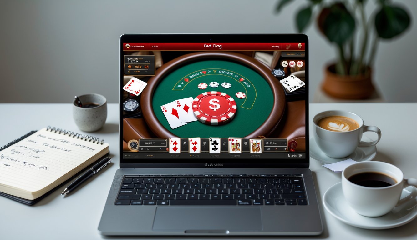 Seseorang sedang bermain poker online di komputer dengan kartu dan chip terlihat di layar, di meja terdapat buku catatan dan cangkir kopi.