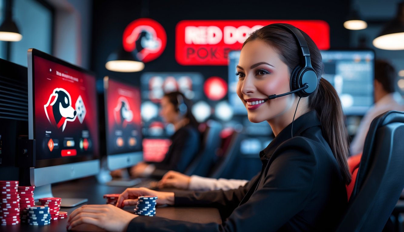 Seorang perwakilan layanan pelanggan dengan headset sedang tersenyum di depan beberapa layar komputer yang menampilkan permainan poker online dengan tema anjing merah.