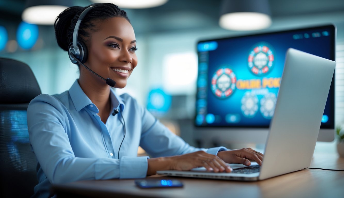 Seorang petugas layanan pelanggan yang percaya diri dengan headset sedang tersenyum dan bekerja di depan laptop di kantor modern.