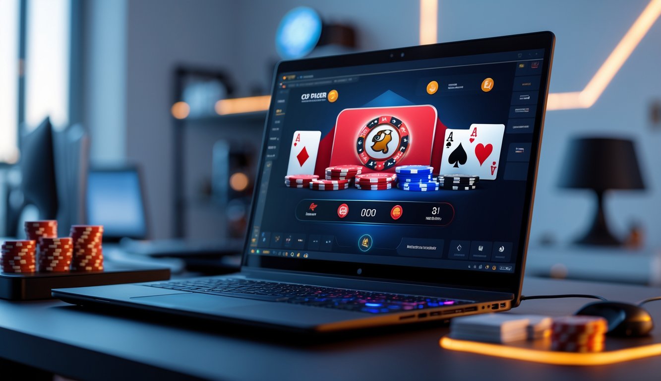 Sebuah meja dengan komputer menampilkan permainan poker online, dikelilingi chip dan kartu poker di ruang kerja modern yang terang.