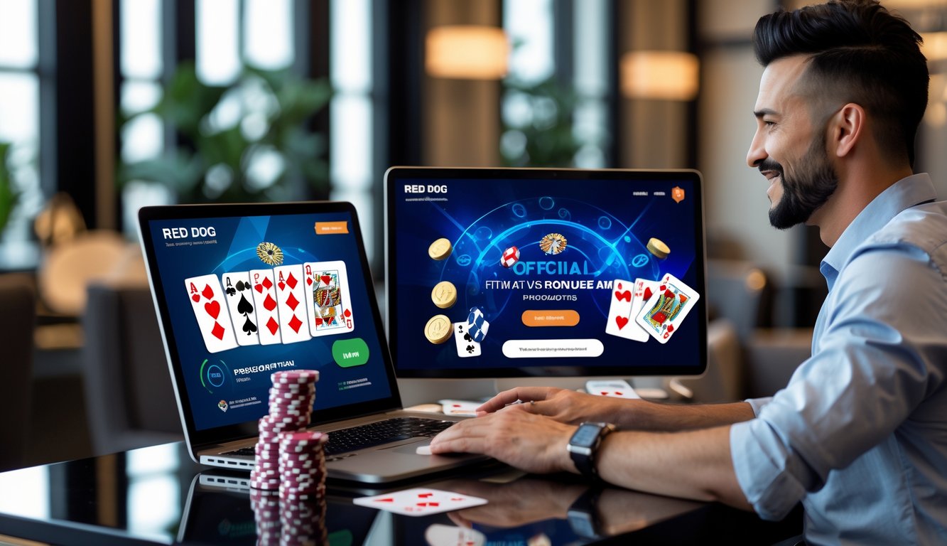 Seorang pria duduk di depan komputer dengan permainan poker online di layar, dikelilingi chip dan kartu poker di meja.