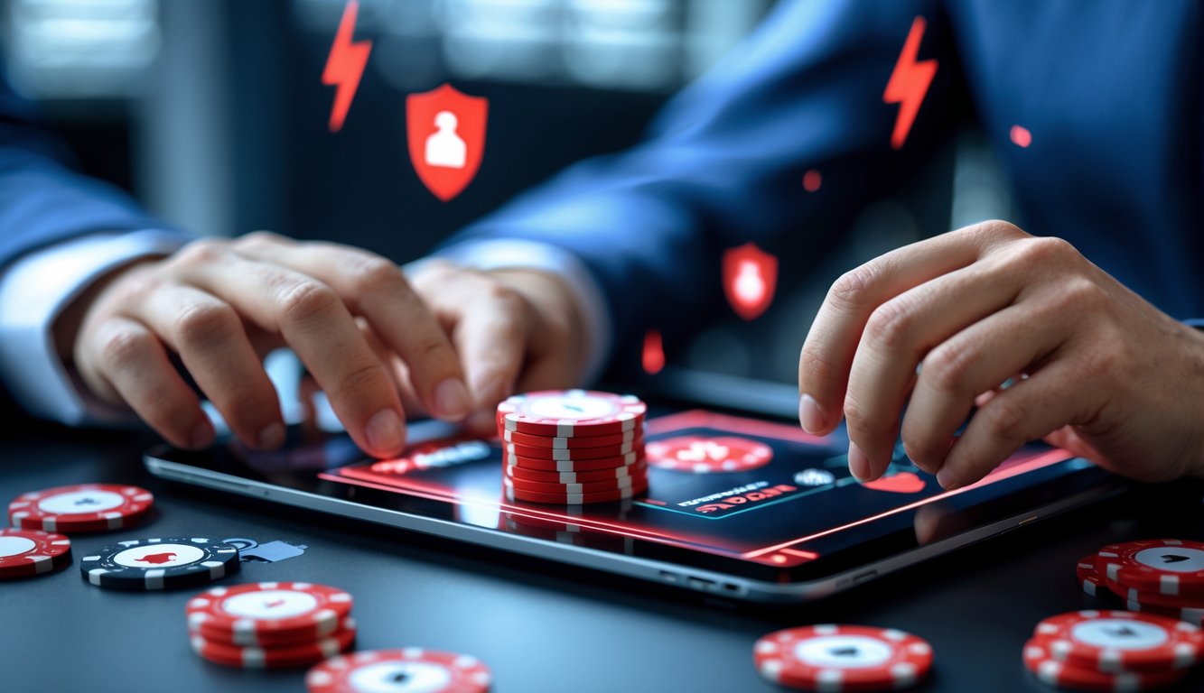 Tangan seseorang menggunakan tablet dengan tampilan permainan poker online dan latar belakang yang menunjukkan keamanan dan kecepatan transaksi.