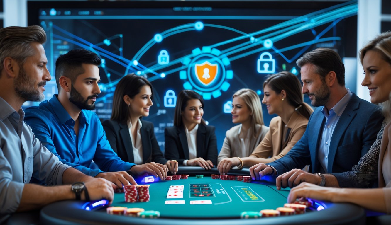 Sekelompok orang fokus bermain poker online di meja digital dengan latar belakang grafik yang menunjukkan sistem transaksi cepat dan aman.