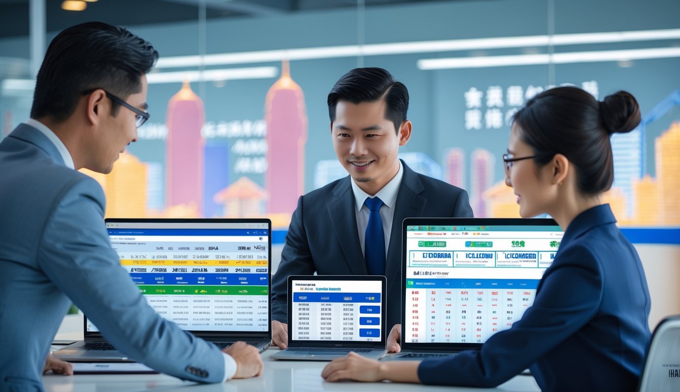 Dua profesional Asia bekerja bersama di kantor modern dengan perangkat digital yang menampilkan data lotere, latar belakang menampilkan siluet kota dan elemen budaya Indonesia.