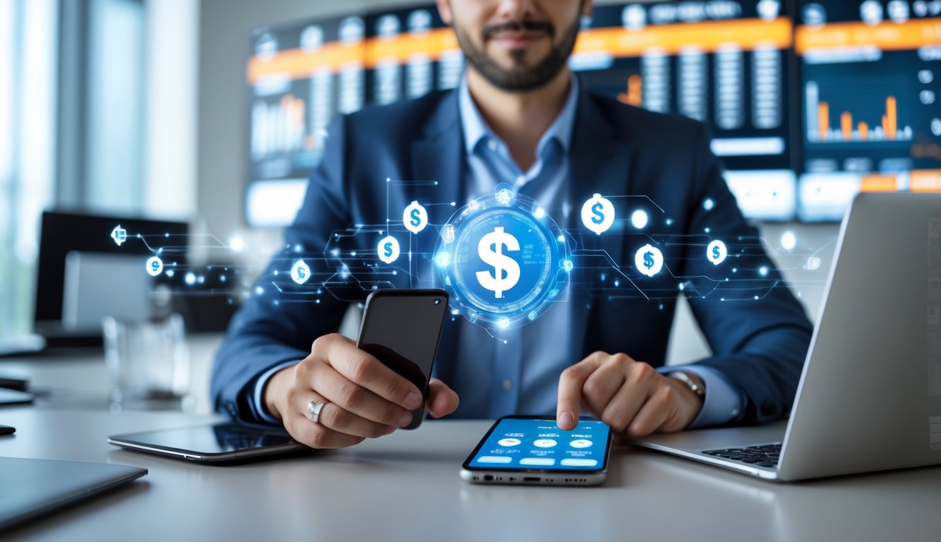 Seorang pebisnis menggunakan laptop dan ponsel di kantor modern dengan layar menampilkan grafik keuangan.