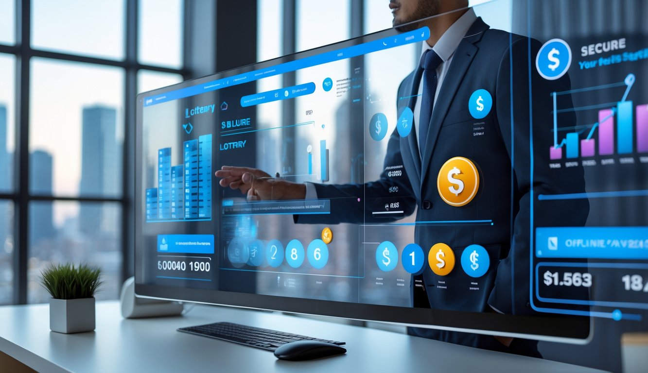 Seorang profesional sedang menggunakan antarmuka digital dengan grafik dan ikon lotre di kantor modern.