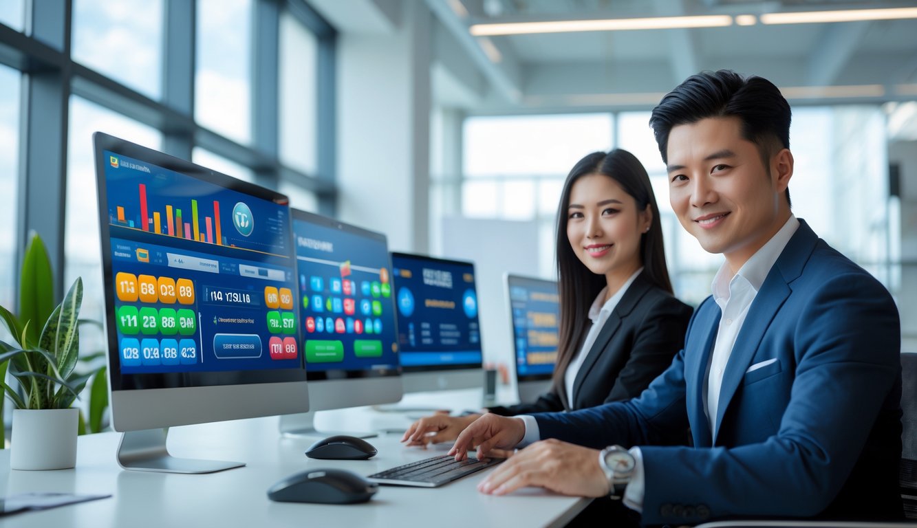 Seorang pria dan wanita Asia duduk di meja kantor dengan beberapa monitor komputer yang menampilkan grafik dan angka lotere, di dalam ruangan kantor yang terang dan modern.