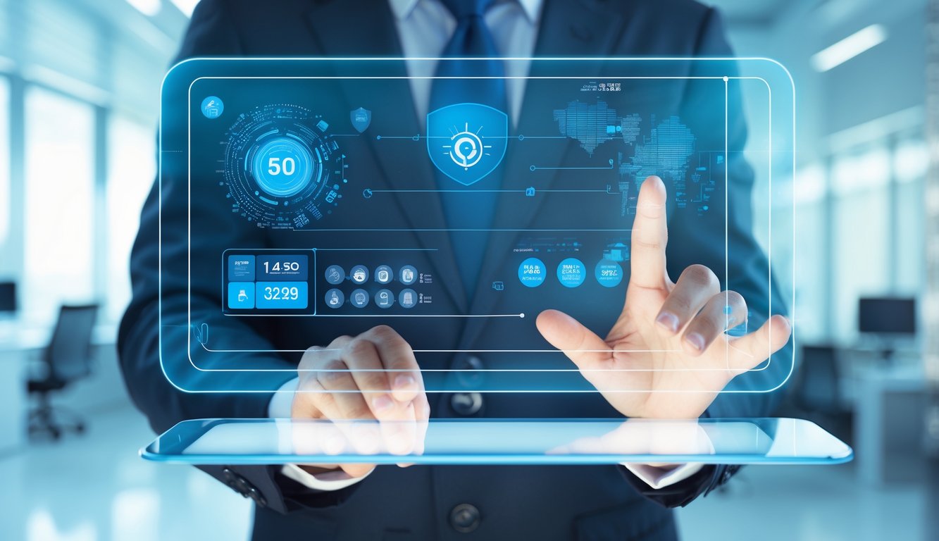 Seorang profesional bisnis yang percaya diri sedang menggunakan layar sentuh digital di kantor modern yang bersih dan terang.