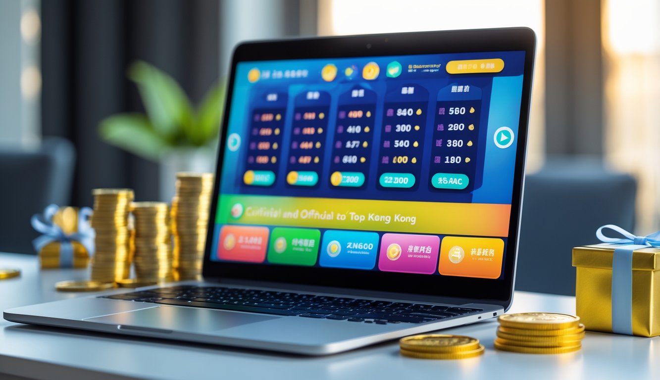 Sebuah meja kerja dengan komputer yang menampilkan situs lotere online, dikelilingi oleh koin emas dan tumpukan uang sebagai simbol bonus.