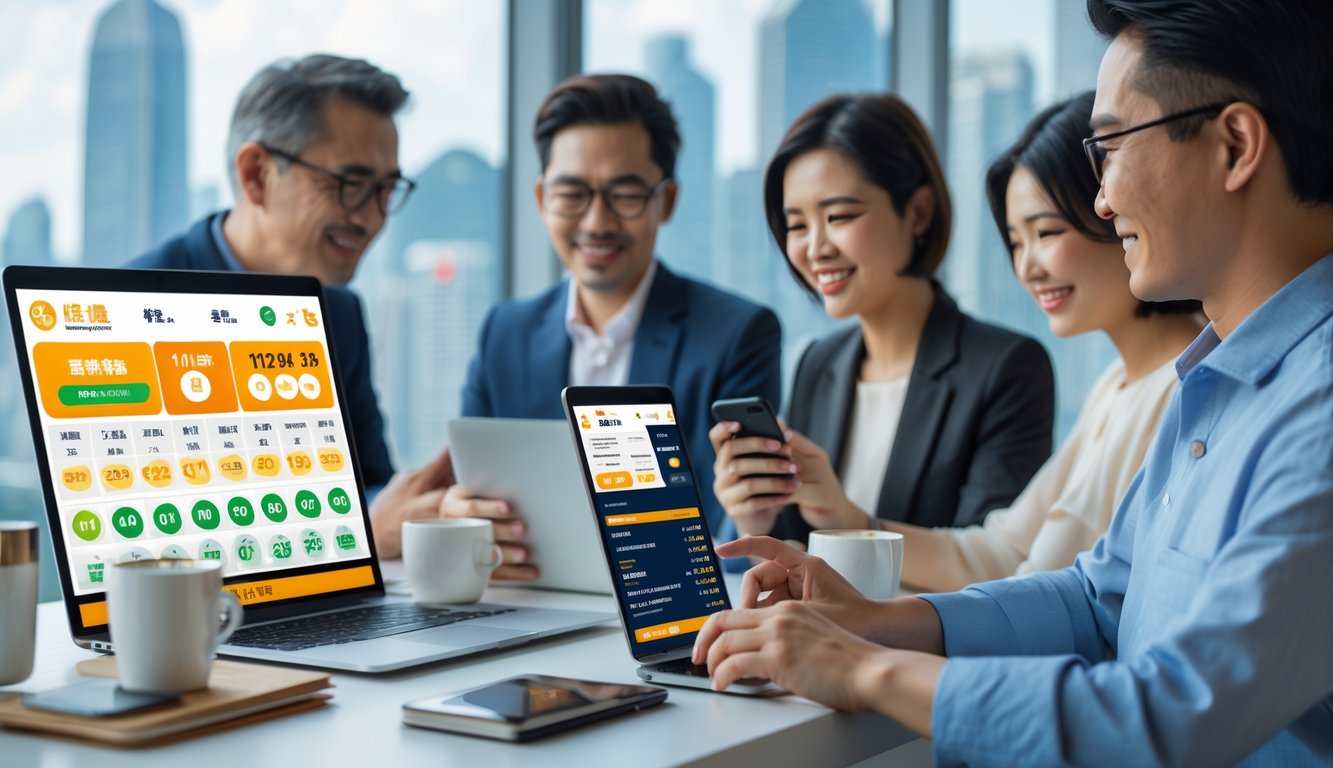 Sekelompok orang dewasa sedang menggunakan perangkat digital untuk bermain togel online dengan latar belakang pemandangan kota Hong Kong.