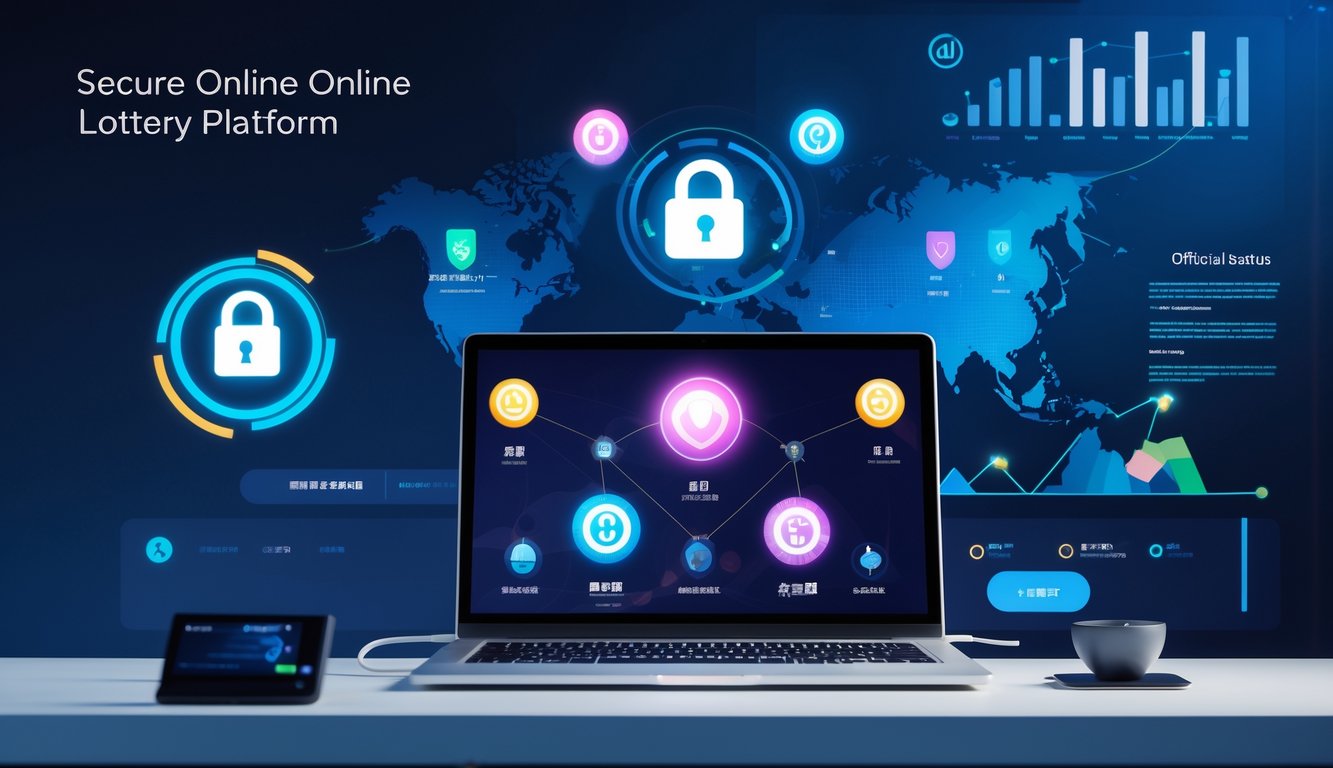 Sebuah komputer modern di atas meja dengan layar yang menampilkan antarmuka digital yang menggambarkan keamanan dan kepercayaan dalam platform lotere online.