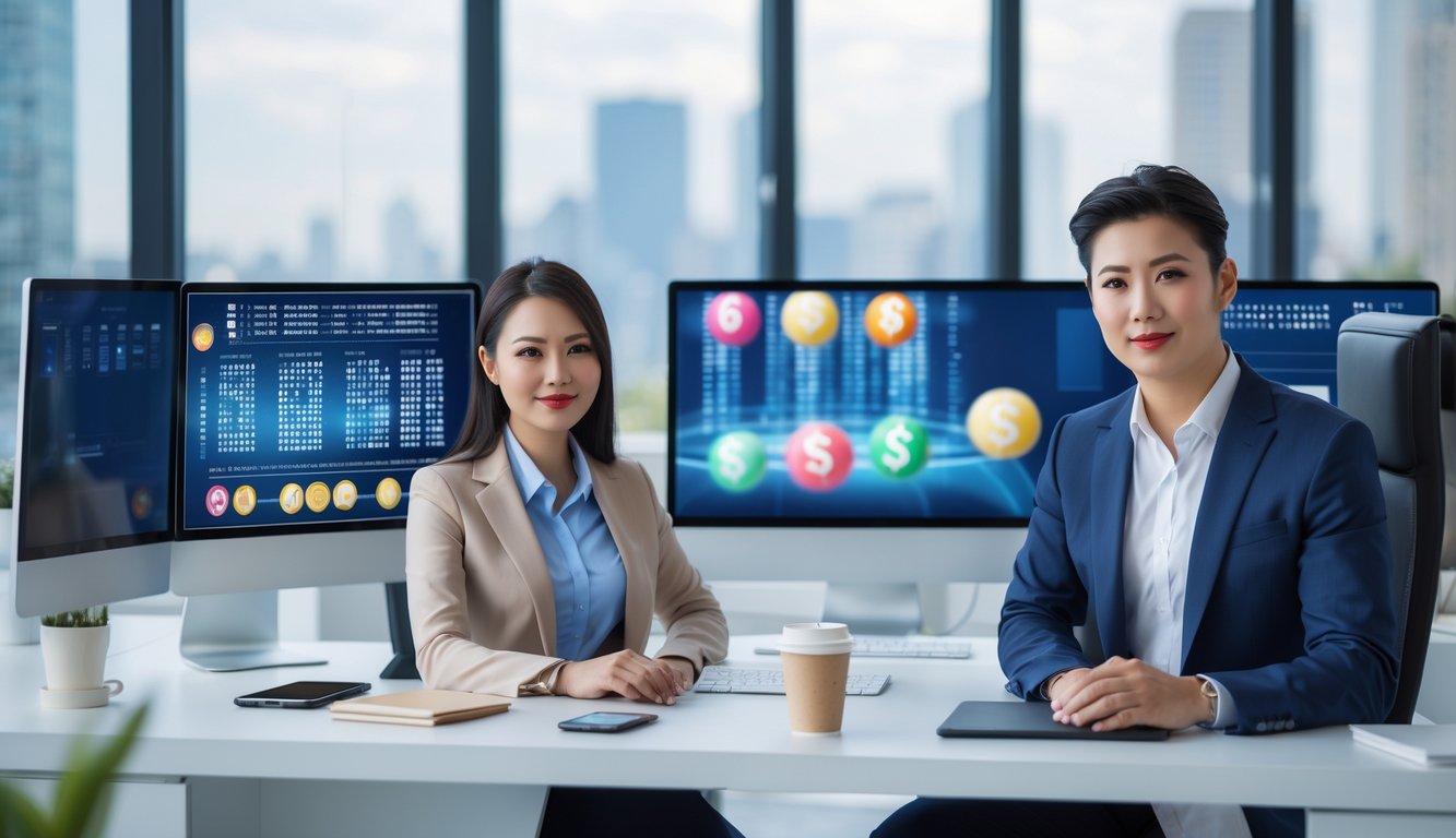 Seorang pria dan wanita Asia duduk di meja kantor modern dengan beberapa monitor komputer yang menampilkan data digital, di latar belakang terlihat pemandangan kota melalui jendela besar.