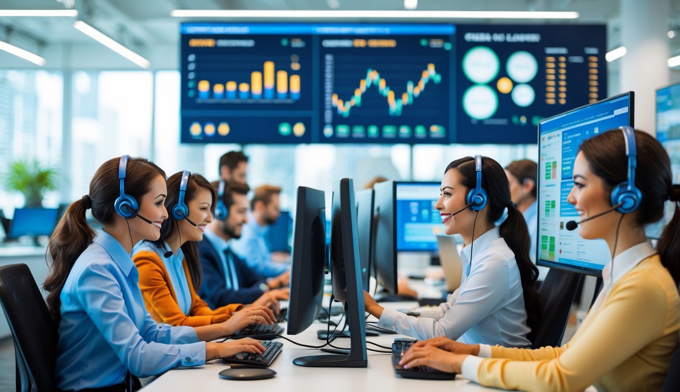 Tim layanan pelanggan yang ramah bekerja di kantor modern dengan komputer dan headset, melayani pengguna layanan togel online.