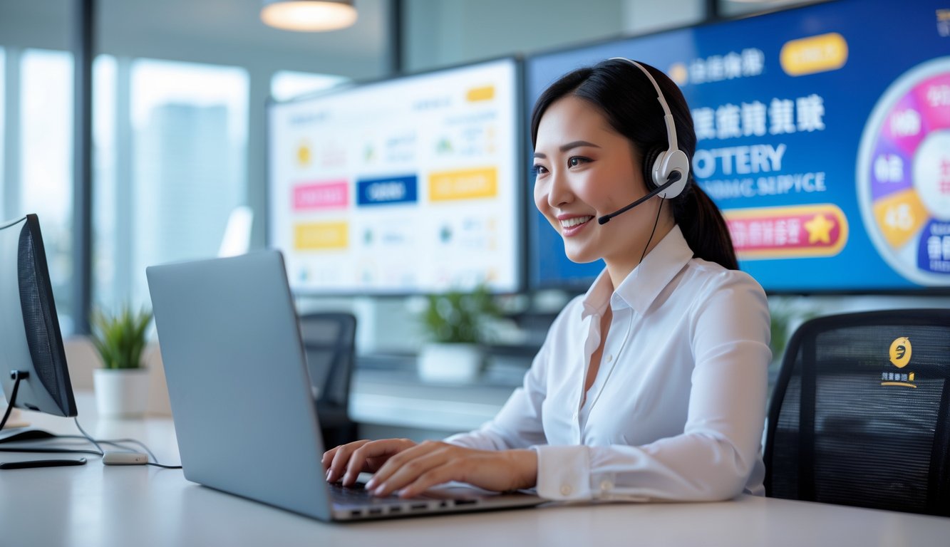 Seorang petugas layanan pelanggan dengan headset sedang bekerja di depan laptop di kantor modern yang terang dan rapi.