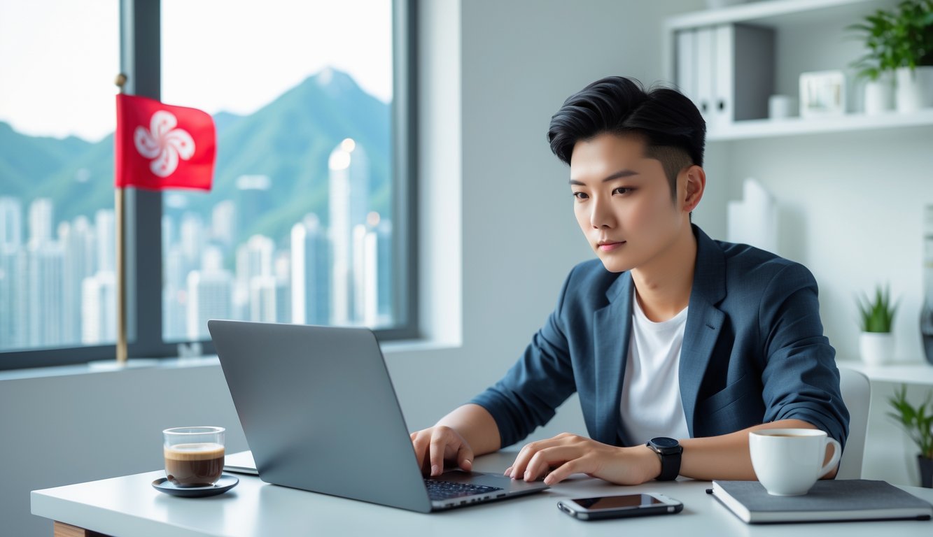 Seorang dewasa muda duduk di meja dengan laptop, sedang bermain togel online dengan latar belakang elemen kota Hong Kong.