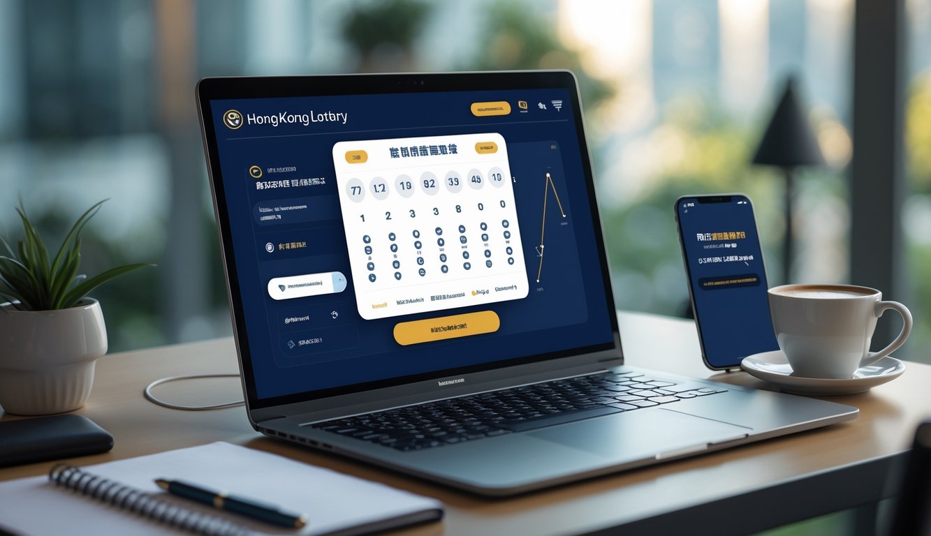 Meja kerja dengan laptop dan ponsel menampilkan situs togel online, dilengkapi dengan kopi dan buku catatan.