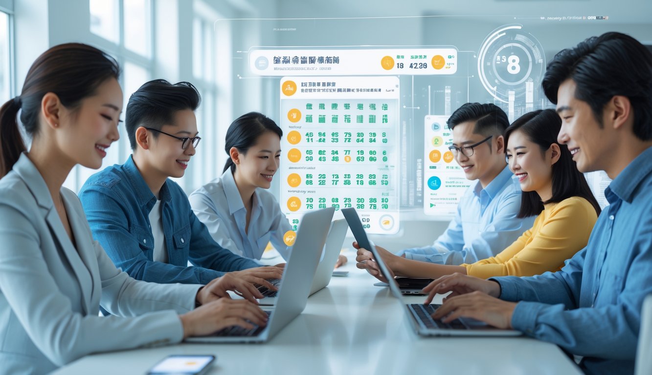 Sekelompok orang muda menggunakan laptop dan ponsel di ruangan modern yang terang, dengan tampilan grafis angka lotre dan data digital di sekeliling mereka.