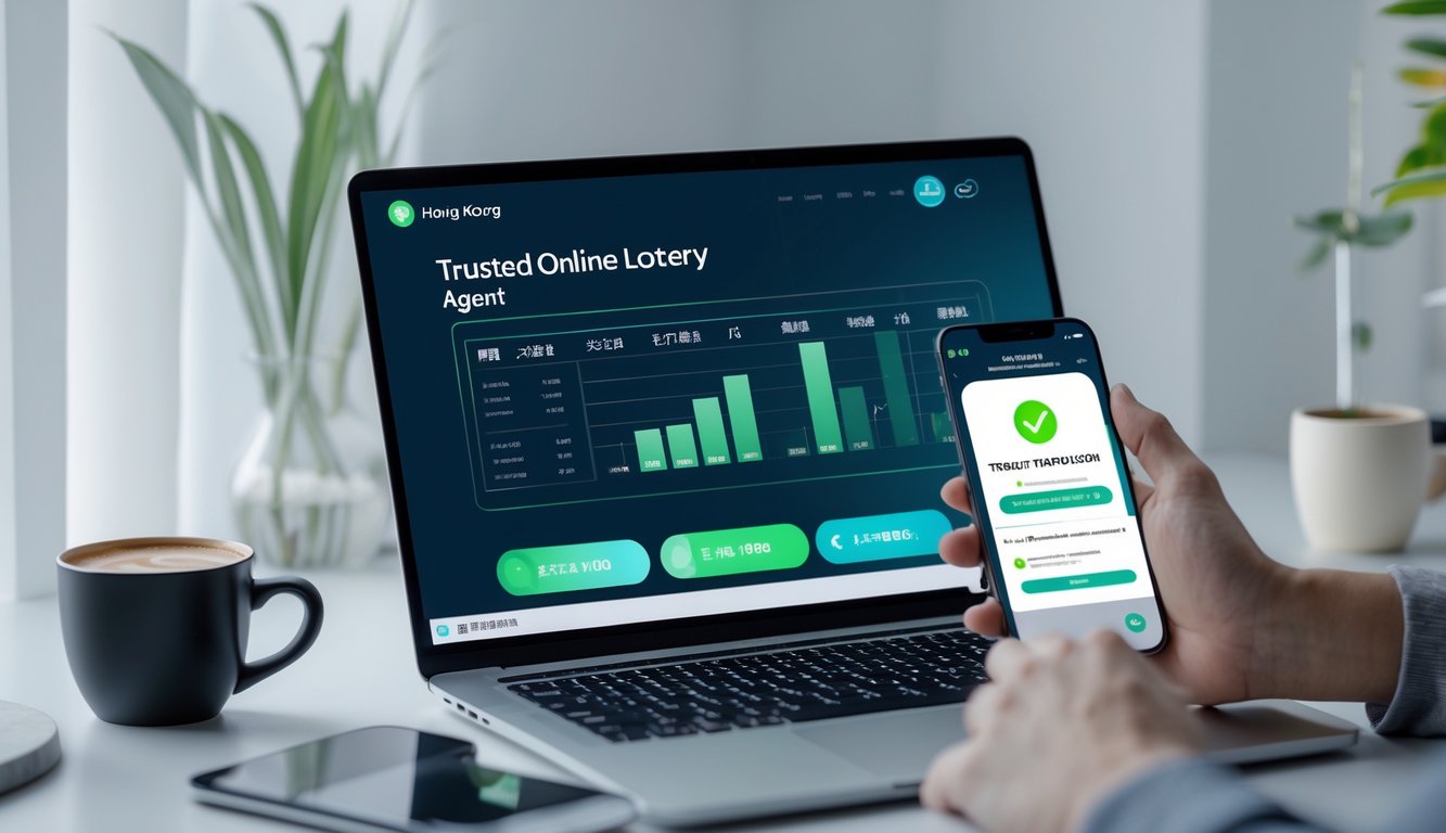 Seseorang menggunakan laptop dan ponsel di meja kerja modern dengan latar belakang ruangan yang rapi dan terang.