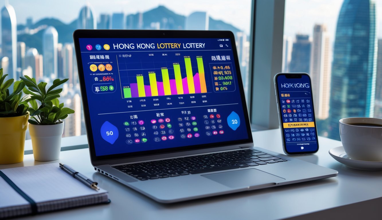 Meja kerja modern dengan laptop menampilkan antarmuka lotere digital dan latar belakang pemandangan kota Hong Kong.