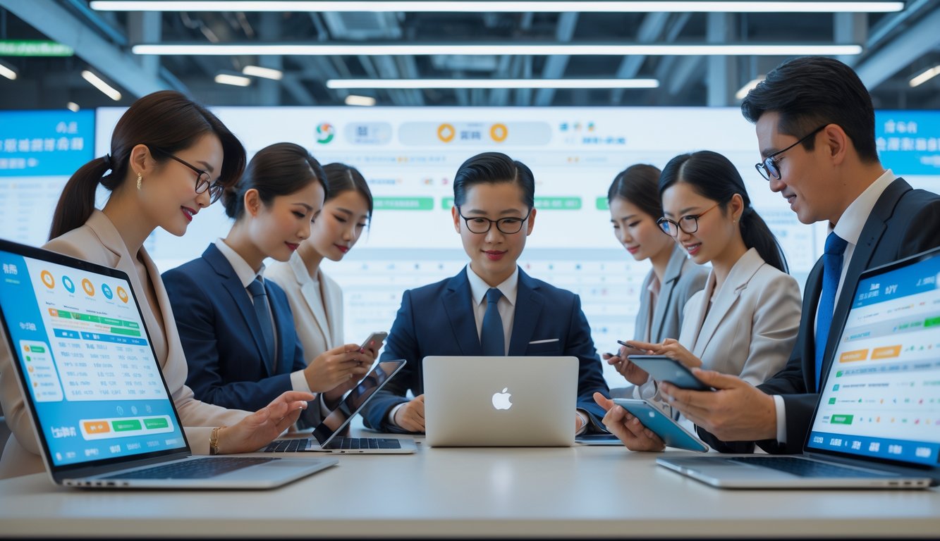 Sekelompok profesional Asia menggunakan perangkat digital di kantor modern dengan grafik data lotere di latar belakang.