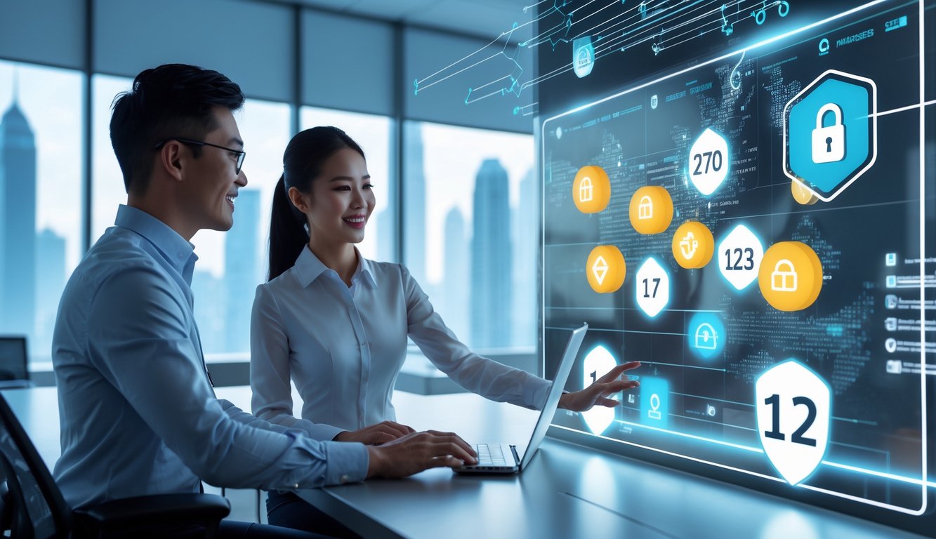 Seorang pria dan wanita Indonesia menggunakan antarmuka digital modern yang menampilkan angka lotere dan ikon keamanan di ruang kantor yang terang dan futuristik dengan latar belakang siluet kota Hong Kong.