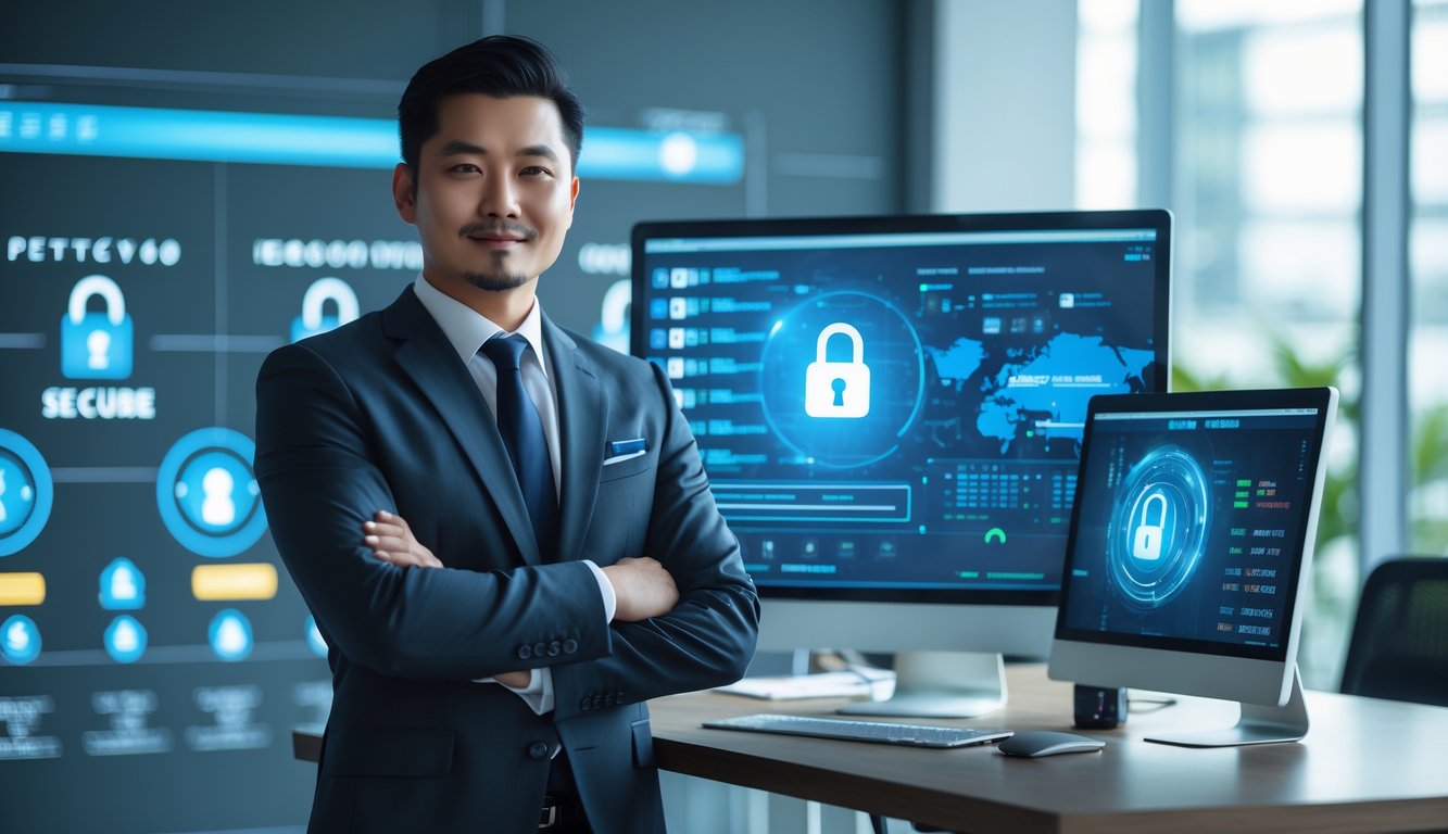 Seorang pria bisnis Asia yang percaya diri berdiri di kantor modern dengan layar komputer menampilkan data digital dan simbol keamanan.