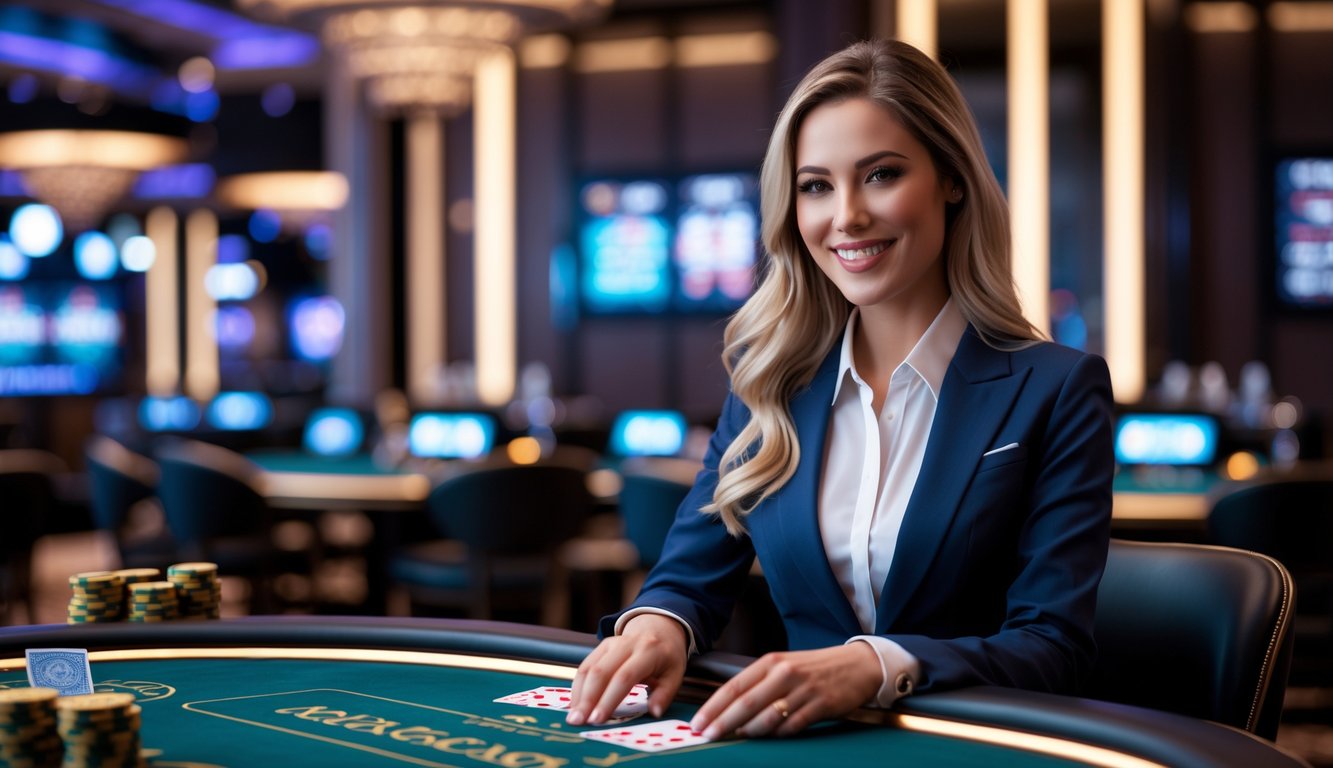 Seorang dealer blackjack yang ramah sedang membagikan kartu di meja kasino dengan suasana permainan online langsung.