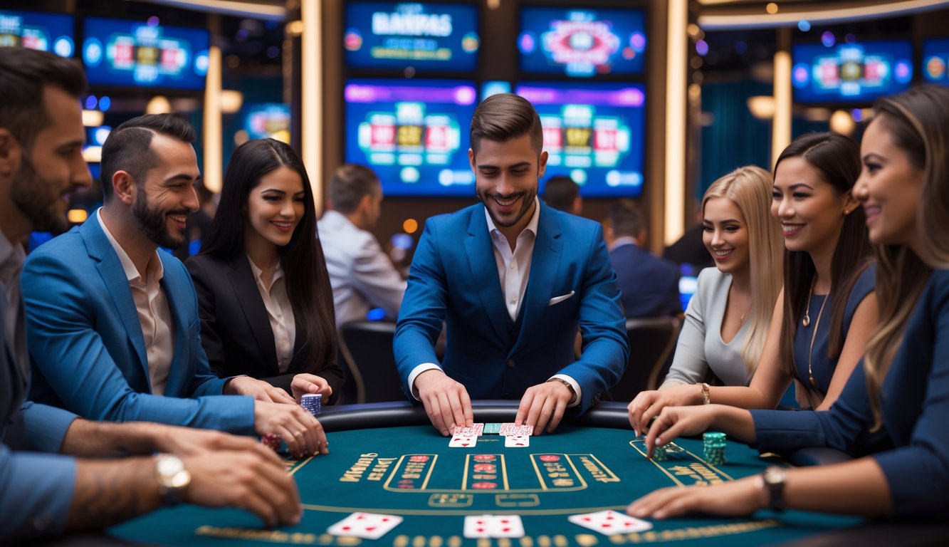 Seorang dealer blackjack profesional sedang membagikan kartu di meja blackjack dengan pemain yang antusias di lingkungan kasino yang ramai dan modern.