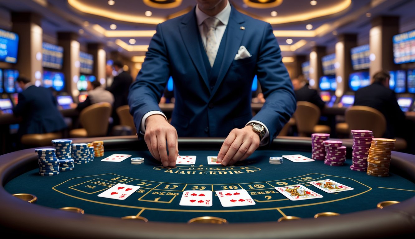 Seorang dealer profesional sedang membagikan kartu di meja blackjack dengan suasana kasino online yang elegan dan pemain yang fokus.