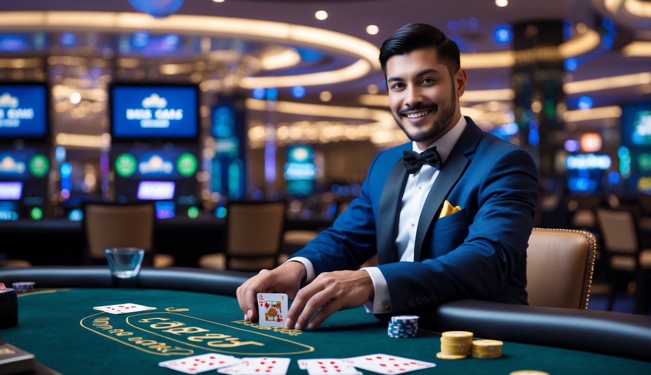 Seorang dealer profesional sedang membagikan kartu di meja blackjack dengan latar belakang suasana kasino modern dan layar digital.