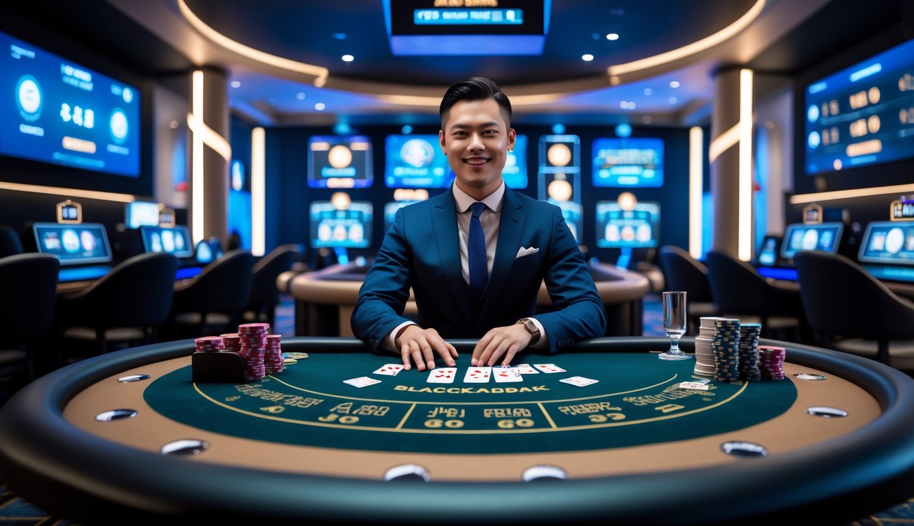 Seorang dealer live blackjack profesional duduk di meja blackjack dengan kartu dan chip, di latar belakang layar digital sistem permainan yang adil.