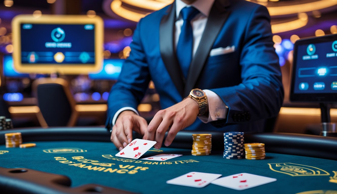 Seorang dealer profesional sedang membagikan kartu di meja blackjack dengan latar kasino modern dan layar digital di belakangnya.