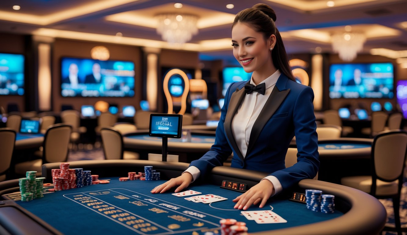 Seorang dealer wanita di meja blackjack dengan kartu dan chip, di latar belakang layar besar menampilkan siaran langsung permainan.
