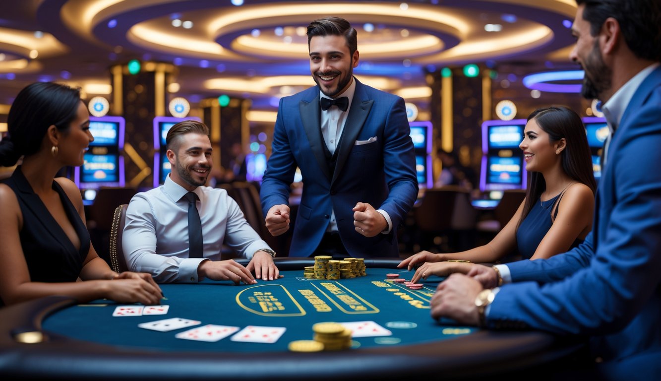 Seorang dealer blackjack profesional melayani pemain pemula dan profesional di meja blackjack di kasino mewah.